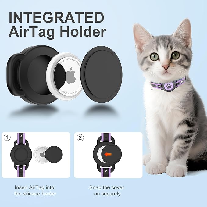 Airtag Cat Collar Breakaway, Reflective Cat Collar with AirTag Holder and Bell, Compatible with Apple Air Tag, Comfortable Padding, Adjustable, Durable (Purple, S)