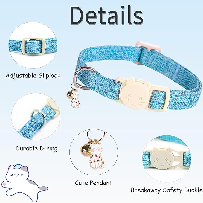Cat Collar-2 Pack Cat Collar Blue and Pink Linnet with Kitten and Bell Pendant Safety Buckle Adjustable Pet Collar Suitable for Cats Gift to Cats and Small Pets