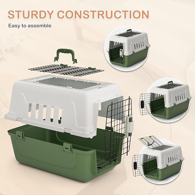 MoNiBloom 22-Inch Dog Crate Plastic 2-Door Top Loading Cat Carrier, Hard-Sided Dog Travel Carrier for Small Dogs and Cats, Ventilation and Security Lock Design for Pets up to 22 lbs (Green)