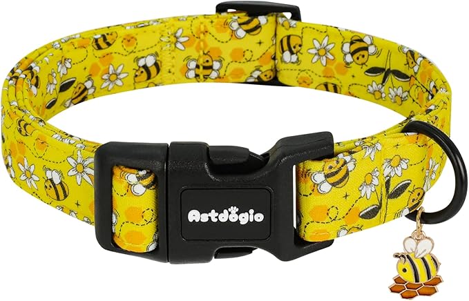 Yellow Dog Collar for Small Dogs, Spring & Summer Theme Small Dog Collars Featuring Bee Pollinating White Flowers Pattern, Adjustable Cotton Collar for Girl Boy Dogs -S