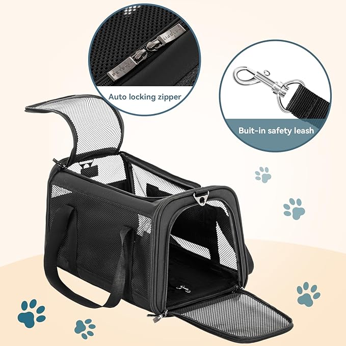 Airline Approved Cat Carrier, Soft-Sided Collapsible Pet Carrier for Travel, 3 Carrying Ways, Lightweight and Ventilation on 5 Sides, Escape Proof, with Soft Fleece Pad
