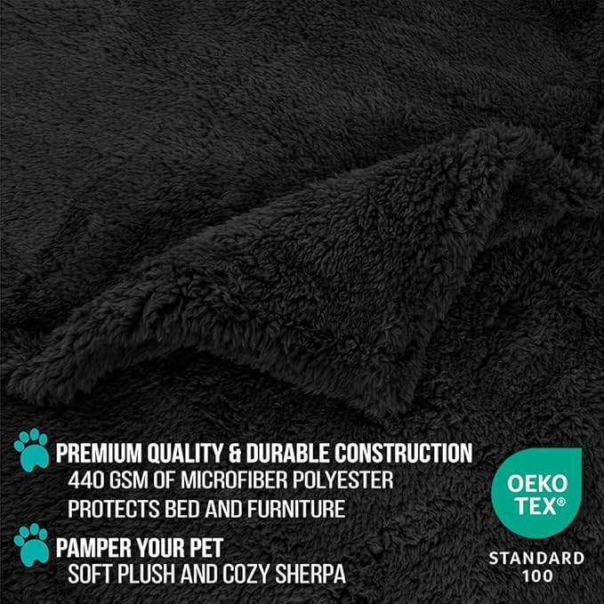 PetAmi Fluffy Waterproof Dog Blanket for Bed Large Dogs, Soft Warm Pet Sherpa Throw Pee Proof Couch Cover, Reversible Cat Blanket Sofa Crate Kennel Protector, Washable Mat Queen (Black, 90x90)