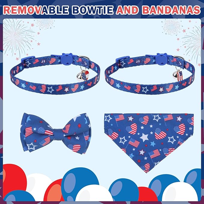 SCENEREAL Independence Cat Collar with Bells, 2 Pack Breakaway Cat Collars with Removable Bowtie Bandana, Adjustable Cute Kitten Collar for Pet Small Dogs Boys Girls