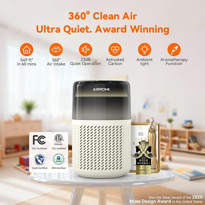 AIRROMI HEPA Air Purifier for Bedroom&Home,Pet Air Purifier for Home Pets,Removes Pet Odor,Cat Litter Smell,Dust,Smoke&Allergies,Quiet Room Air Purifier with Scents,360°Air Cleaner,A2005 Yellow