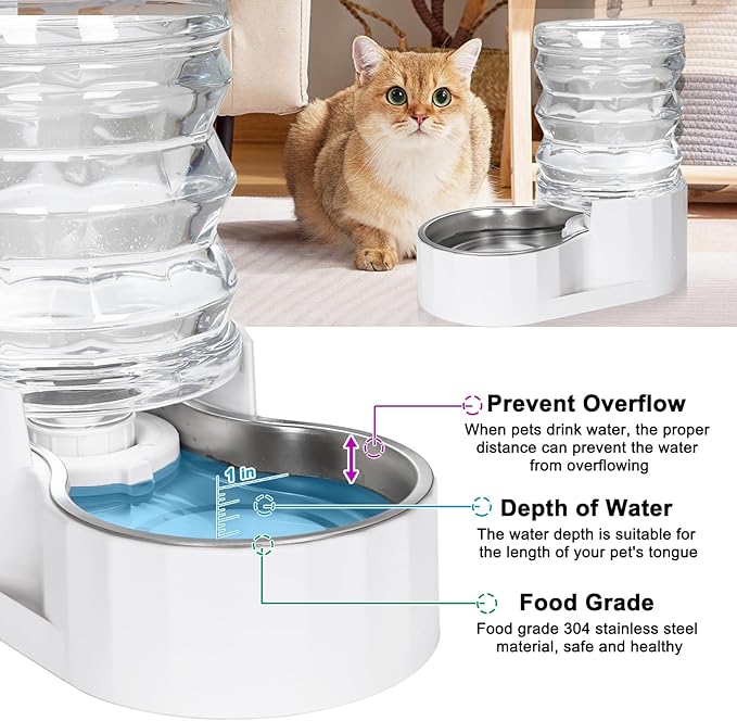 RIZZARI Dog Water Bowl Dispenser: 5L Large Stainless Steel Gravity Feeder - Leak-Proof - Detachable Bowl & Filter Instruction - Easy to Use for Busy Multi-Pet Owners with Small Puppies & Kittens