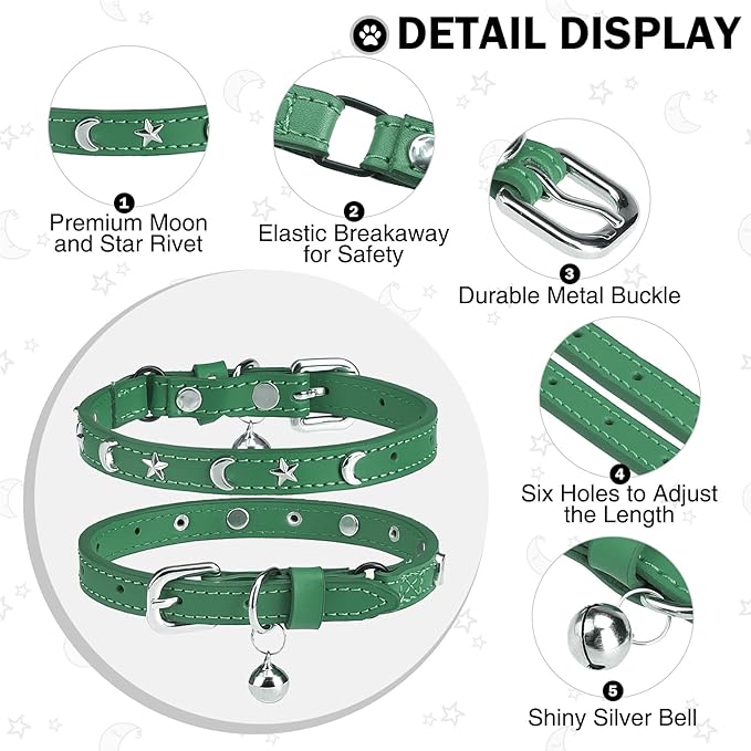 Leather Cat Collars for Boy Girl Cats with Bell and Safety Elastic Belt, Personalized Star and Moon Stud Adjustable Safe Buckle Collar for Kitty Small Big Cats Size 8-12 Inch, Green