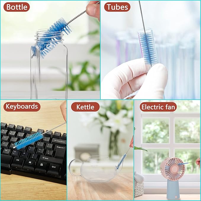 CiaraQ Bottle Cleaning Brushes, 8 Inch Nylon Tube Brush Set, Cleaner for Narrow Neck Bottles Cups with Hook, Set of 10pcs.