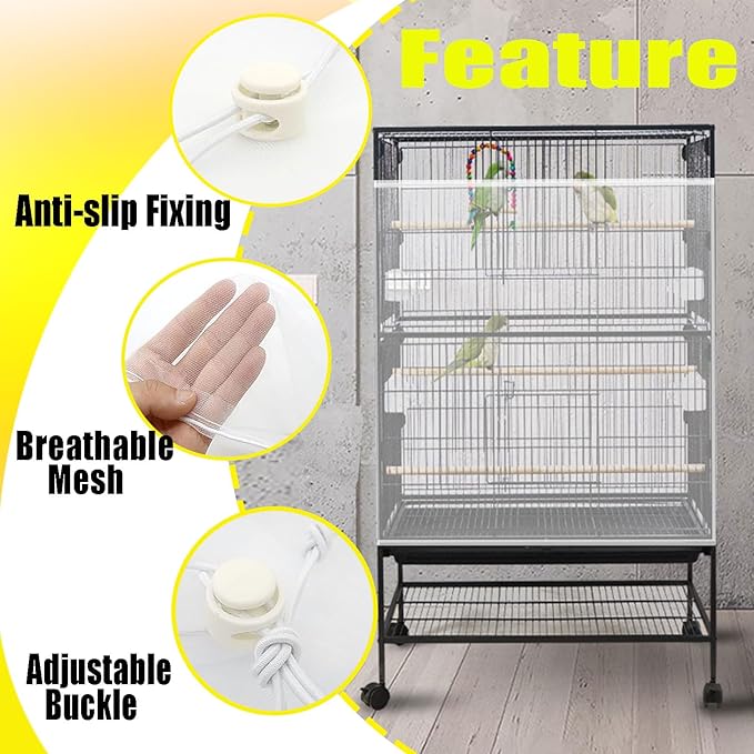 Bird Cage Seed Catcher Large Bird Cage Cover 118 * 31 inches Adjustable Net Cover,Nylon Mesh Birdcage Skirt Guard for Parrot Macaw Round Square Cages (1, White, 118 * 31 inches)