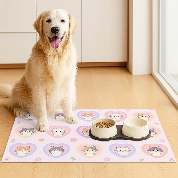 Cat Feedings Mats 20x12 inch Pink Heart Kitten Print Pet Bowl Placemat Non Slip Mat for Cats Food and Water Indoor Kitty Feeding Station Cute Cats Meal Mat for Small Pets Kitchen Floor Use