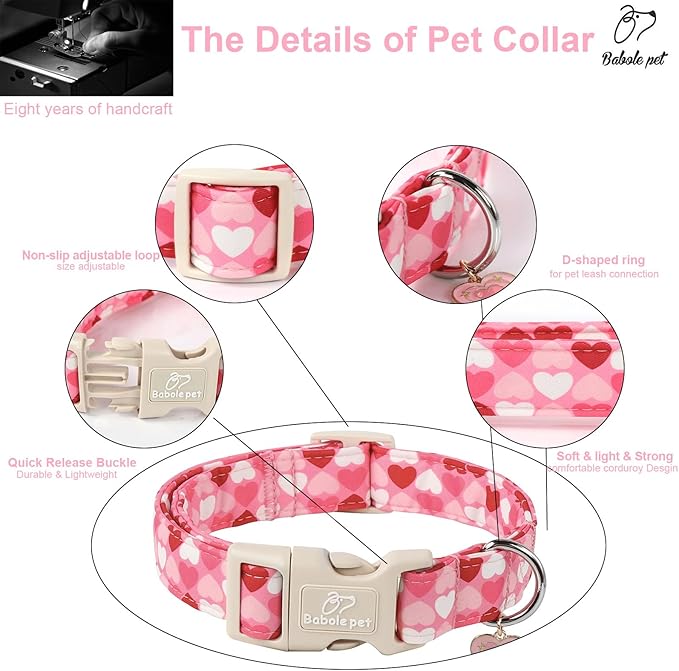 Valentines Dog Collar for Small Dogs - Cute Valentine Pink Hearts Girl Dog Collars, Adjustable Girly Puppy Collar with Quick Release Buckle for Female Dogs XS