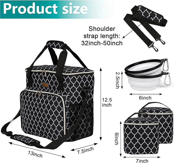 BAGLHER Dog Travel Bag, Pet Travel Bag (All Pet Travel Supplies), with 2 Pet Food Containers and 2 Collapsible Silicone Bowls; Essential Kits for Travel DLblack