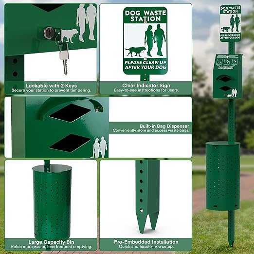 Dog Poop Trash Can Outside for HOA Communities, Durable Rust Proof Aluminum Dog Waste Station – 10 Gallon Outdoor Trash Can with Lid & Reflective Sign for Yard, Dog Park