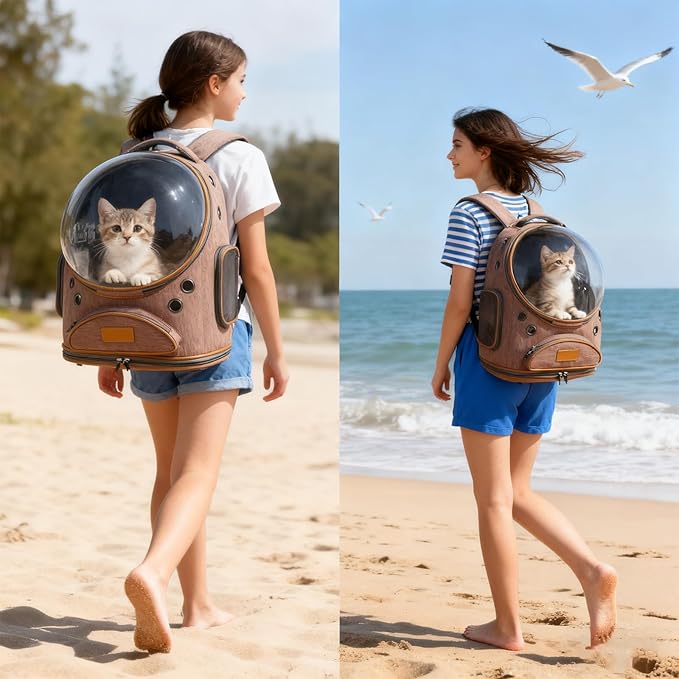 Cat Backpack Carrier, Breathable Cat Carrier Large Space Bubble Pet Backpack for Small Dog and Large cat up to 18lbs, Transparent & Foldable Pet Carrier for Travel Hiking (Brown)