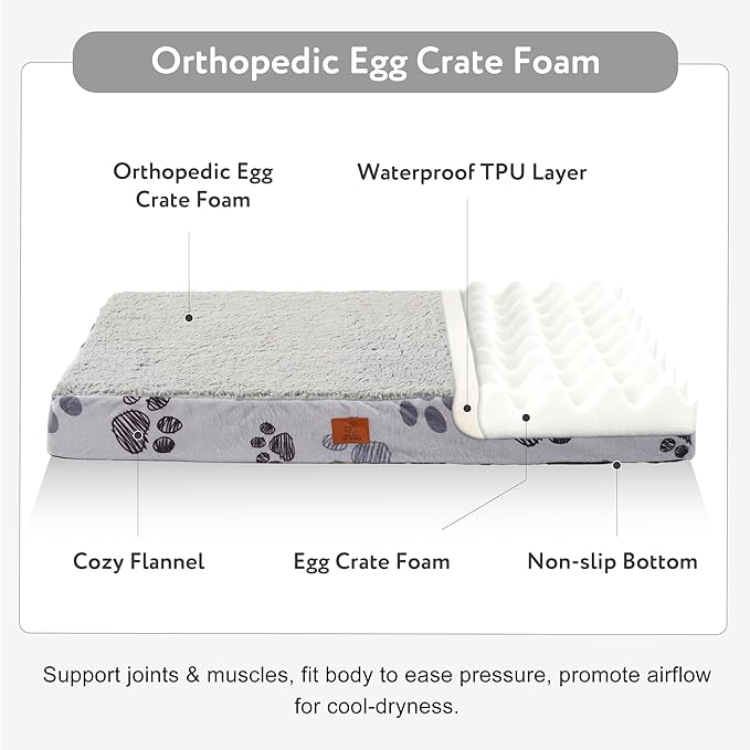 Waterproof Orthopedic Dog Bed for Large Medium Sized Dogs 35x22 Inch - Egg Crate Foam Pet Crate Bed with Removable Washable Cover, Plush Top Anti-Slip Bed Mat, Light Grey