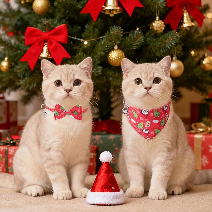 SCENEREAL Christmas Cat Bandana Collar with Bell Bowtie - 2 Pack Breakaway Kitten Collars, Adjustable Cute Pet Accessories for Cats and Small Dogs