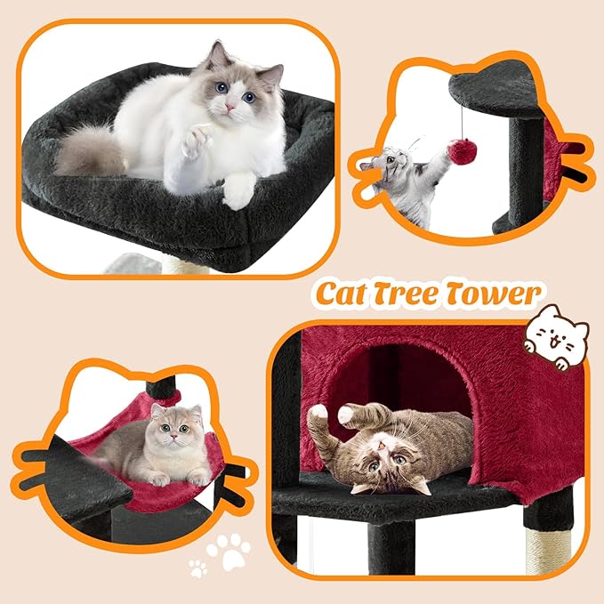 Cat Tree Tower 44 Inch, Small Cat Tower with Condo, Hammock, Sisal Scratching Posts, Extended Perch, Pet Play House for Indoor Kittens and Cats, Black Red