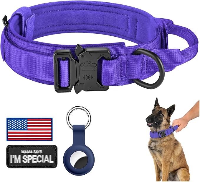DAGANXI Tactical Dog Collar, Adjustable Military Training Nylon Dog Collar with Control Handle and Heavy Metal Buckle for Medium and Large Dogs, with Patches and Airtags Case (Purple, M)