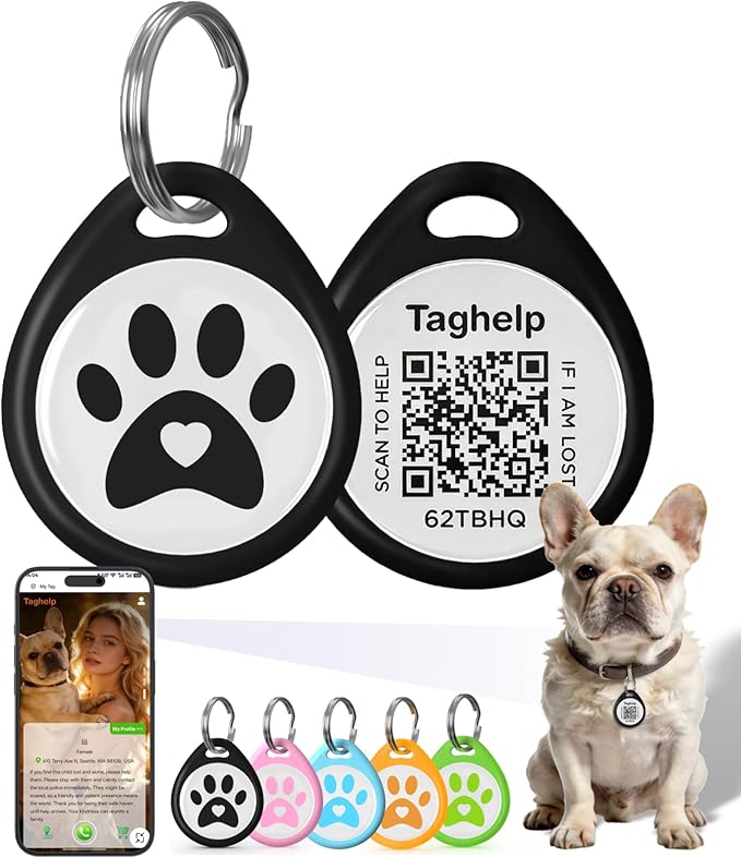 QR Code Dog ID Tag for Collar, Smart Pet ID with Instant Location Email Alerts, Silent Anti-Lost Dog Tag, No App or Subscription, Online Pet Profile Access（1.2”, Black）