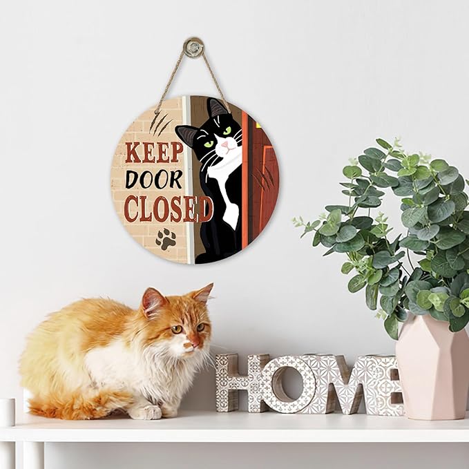 Keep Door Closed Tuxedo Cat Front Door Sign, Funny Wood Hanger Bedroom Porch Decor Pet Owner Lover Gift, Beware of Cat Wooden Wreath Indoor Wall Hanging Home Office Decoration