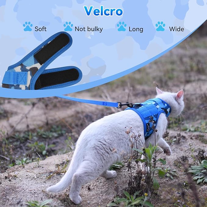 Tactical Cat Harness and Leash for Walking Escape Proof Breathable Mesh Fabric, Ocean Camo, X-Large, Adjustable Cat Walking Jackets, Padded Stylish Cat Vest