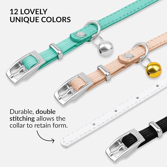 CollarDirect Leather Cat Collar with Bell - Kitten Collar, Small and Big Cat Collar for Boy Cats, Girl Cats with Safety Elastic Strap (Neck Fit 8"-11", White)