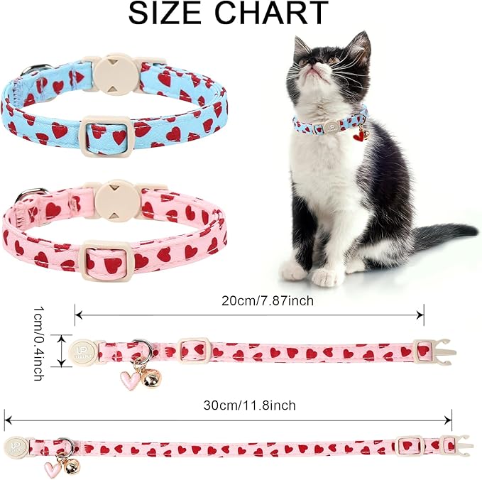 Cat Collar, 2Pack Valentine's Day Cat Collars-Cute Breakaway Cat Collar with Bell & Pendant, Sweet Heart Kitten Collars Pink Hearts with Safety Buckle for Girl and Boy Cats, 7-12Inch
