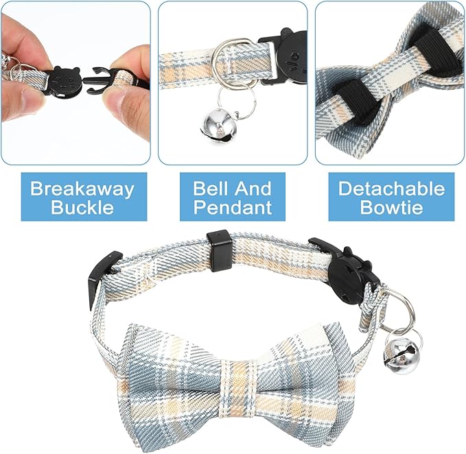 3pcs Bow Tie Cat Collar with Bells, Breakaway Bowtie Plaid Cat Collar, Soft Adjustable Bow Cats Collars for Kitten Puppy and Small Pets