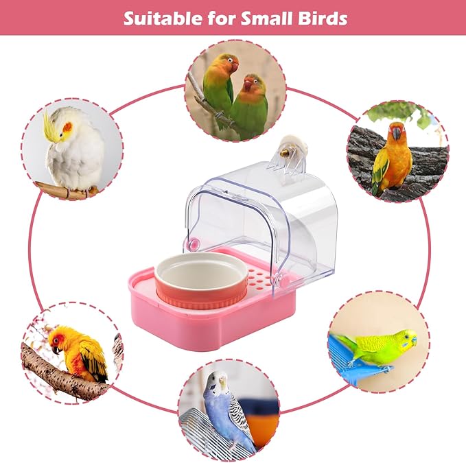 No Mess Bird Cage Feeder,2 in 1 Bird Feeder with Ceramic Bowl Parrot Bathtub with Bottom Drawer Hanging Shower Box for Birds Budgies Parakeet Small Parrot Cockatiels(Pink)