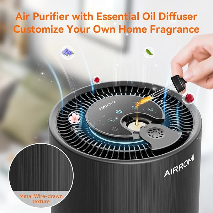 AIRROMI Air Purifier for Bedroom with HEPA 3-in-1 Filter, Pet Air Purifier for Home Cat Pee Smell, Covers Upto 990 Ft², Quiet 360°intake Air Cleaner for pet hair,allergies,Dust,Smoke A2001 Black