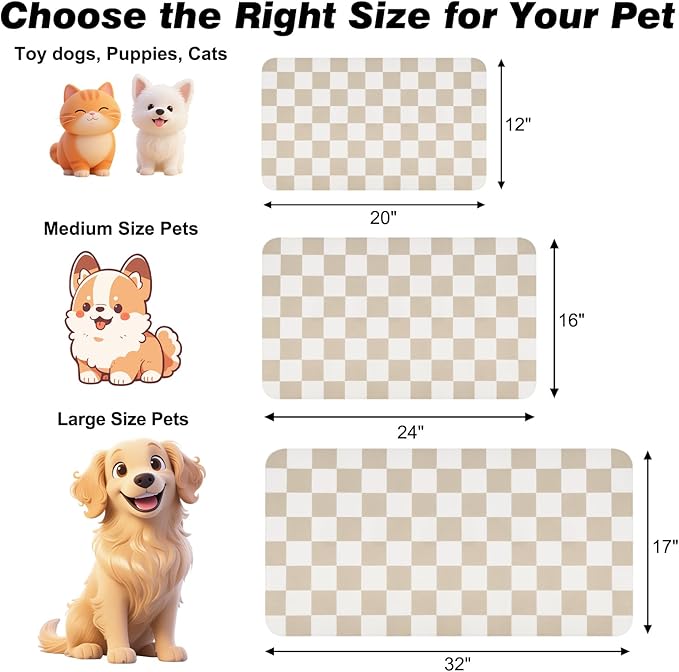 Checkered Dog Food Mat, Absorbent Leak-Proof Pet Feeding Mat, Quick Dry Cat Food Mat for Messy Drinkers 16" x 24" Khaki