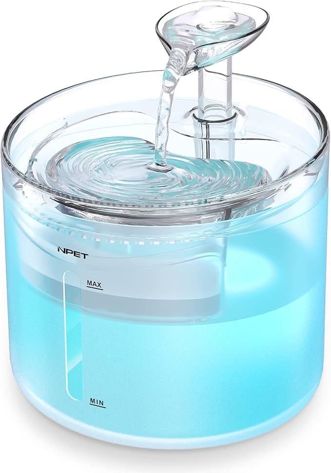 NPET WF100 Cat Foutain, 54oz/1.6L Automatic Pet Water Fountain Dog Water Dispenser with 2 Flow Modes, Bottom Suction LED Light Quiet Pump for for Cats & Small Dogs
