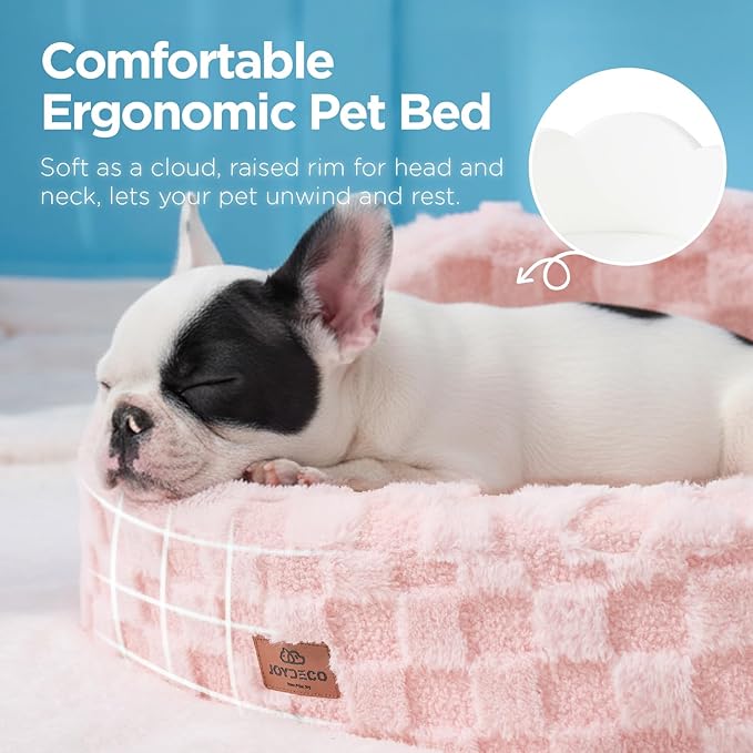 Joydeco Cloud Dog Bed for Small Dogs & Cats, Washable Pet Bed with Orthopedic Foam and Removable Checkered Plush Pad, Non-Slip Bottom for Indoor Puppies and Kittens, 22x20 Inch, Pink
