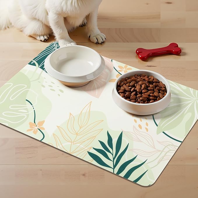 Topotdor Boho Dog Food Mat - Absorbent Quick-Dry Cat Bowl Mat for Food and Water, Non-Slip Pet Feeding Placemat for Messy Drinkers Dog Accessories Pet Supplies, 16"x24", Green