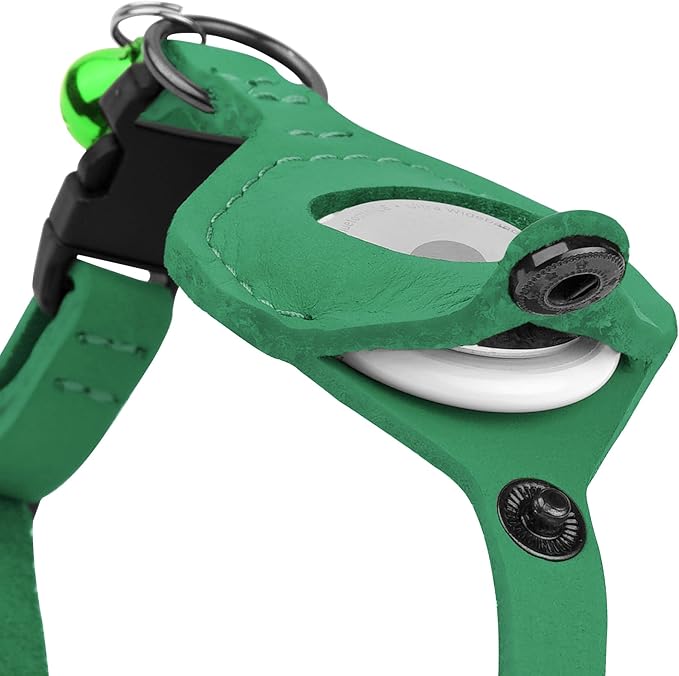 Breakaway Airtag Cat Collar with Removable Bell - Leather Pet Collar with Apple Air Tag Holder - Adjustable GPS Collars for Girl Boy Cats Kitten Puppy - Lightweight, Cute and Comfortable (Green)