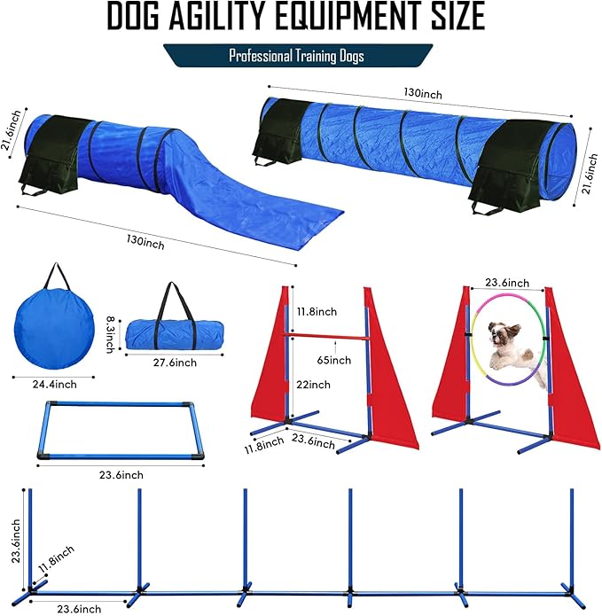 Dog Agility Course Backyard Set, Dog Agility Equipment, Portable Agility Training Equipment for Dogs, Build Dog Obstacle Course Backyard with 2 Tunnels, 3 Jumps, 6 Weave Poles & More, Dog Training Kit