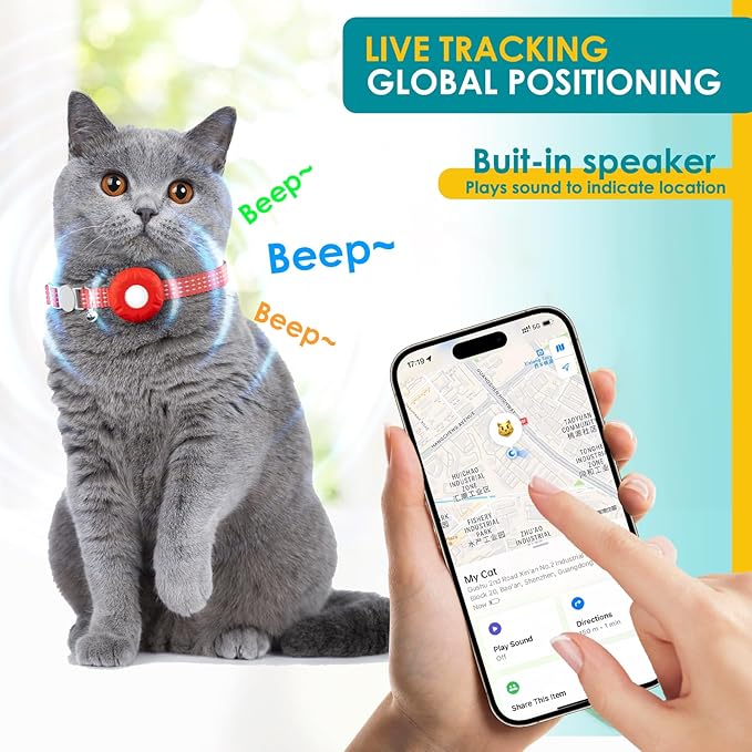 GPS Tracker for Cats, Cat Tracker Collar with Safety Elastic Buckle, Compatible with Apple Find My App (Only iOS), No Monthly Fee, Waterproof (White Tracker, Red Cat Collar)