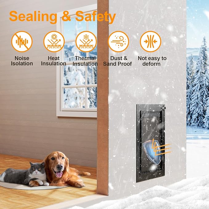 Cat Door for Wall, All Aluminum Doggy Doggie Pet Door Small Dog Door, With Closing Panel, 2 Magnetic Flaps Energy Efficient, Wide Telescoping Tunnel for Interior & Exterior Wall, Pets Up to 22Lb Black