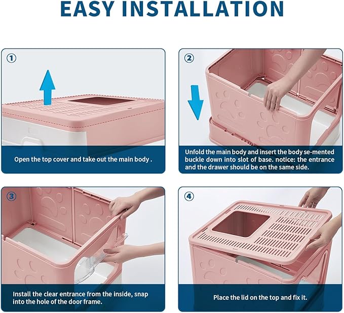 Cat Litter Box with Litter Mat and Scoop, Large Covered Litter Box with Lid, Front Entry Top Exit Kitty Box, Odor Control, Easy to Clean (Pink)
