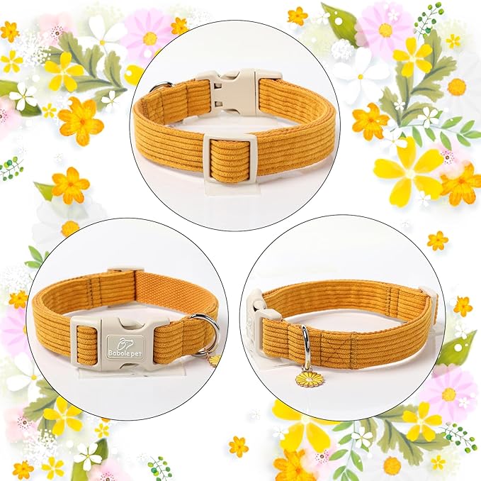 Cute Corduroy Dog Collar - Mustard Yellow Adjustable Dog Collars for Small Dogs 10-25lbs, Fade-Proof with Secure Snap & Little Charm, Christmas Birthday Gift, S