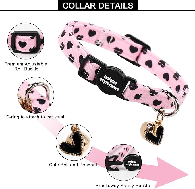 Unique style paws 2 Pack Valentine Kitten Collar Breakaway with Bell&Pendant, Adjustable Safety BlackBerry Pink Love Heart Cat Cotton Collar for Girl Boy Cat and Small Pet