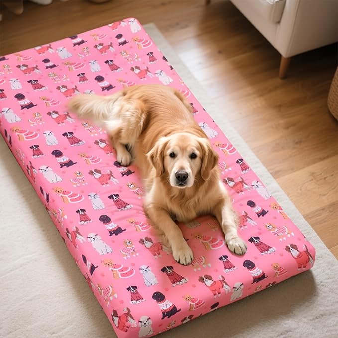 Replacement Dog Bed Covers Elastic Edged Washable Pet Bed Protector with Pink Dog Pattern Design for Medium & Large Pet Beds, Cover Only (Pink, 52.0" L x 28.0" W x 5.0" Th)