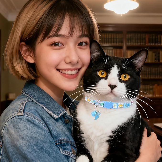 Breakaway Cat Collars with Bell & Cute Pendants, 3 Pack Safety Buckle Kitten Collars, Adjustable Pet Collar Ideal for Girl Boy Cats Puppy (Style A - Dinosaur)