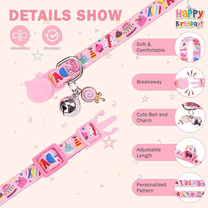 SCENEREAL Birthday Cat Collars Breakaway with Bells, 3 Pack Adjustable Cat Collars for Boy and Girl, Cute Cat Collar for Kitten Cats, Birthday Collar with Cake and Donut Jewelry
