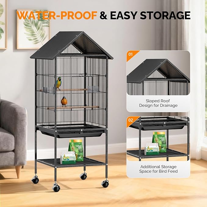 VINGLI Bird Cage with Rolling Stand for Parrots, Cockatiels, Budgies, Lovebirds, Small/Medium Birds (50" H with Spire Roof)
