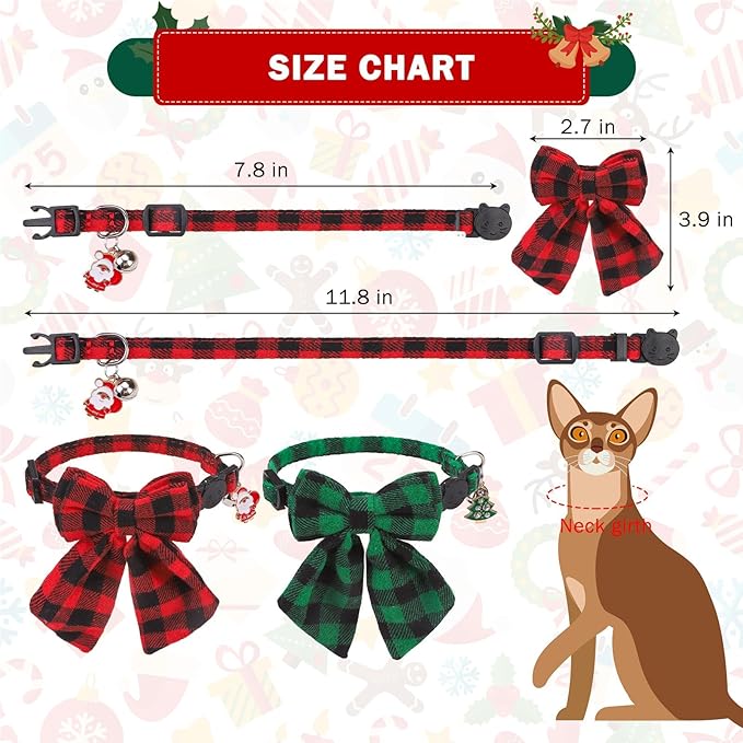 SCENEREAL Christmas Cat Collar with Bell & Stylish Bowtie, Classic Red Green Plaid Pattern Breakaway Cat Collars Accessories for Boy Girl Small Cats, Holiday Xmas Kitten Costumes for Female Male Pets