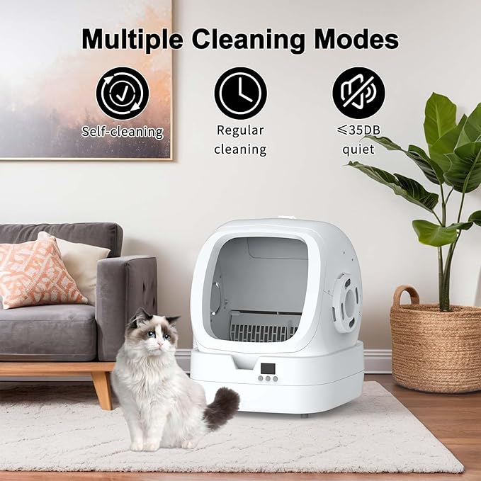 Automatic Cat Litter Box Self Cleaning - APP Control - Weight Monitoring - Ultra-Quiet, Medium Cats and Kittens Litter Box, Safe Anti-Pinch【Assembly Required】- White