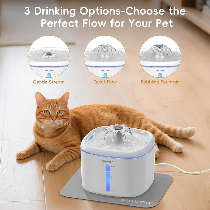 Cat Water Fountain,84oz/2.5L Pet Cat Fountain – Ultra Quiet Upgraded Automatic Pet Water Dispenser with 8 Replaceable Filters, Indoor Cat & Dog Drinking Bowl (with mat)