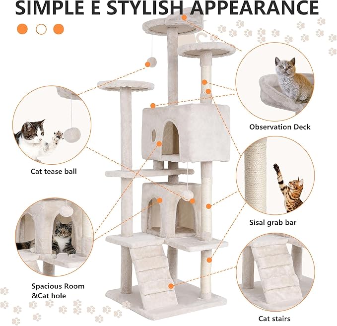 70 Inch Beige Cat Tree, Tall Cat Tower with 2 Condos, 3 Scratching Posts, Multi-Level Platforms - Sturdy Climbing Structure Tall Cat Tower for Indoor Cats