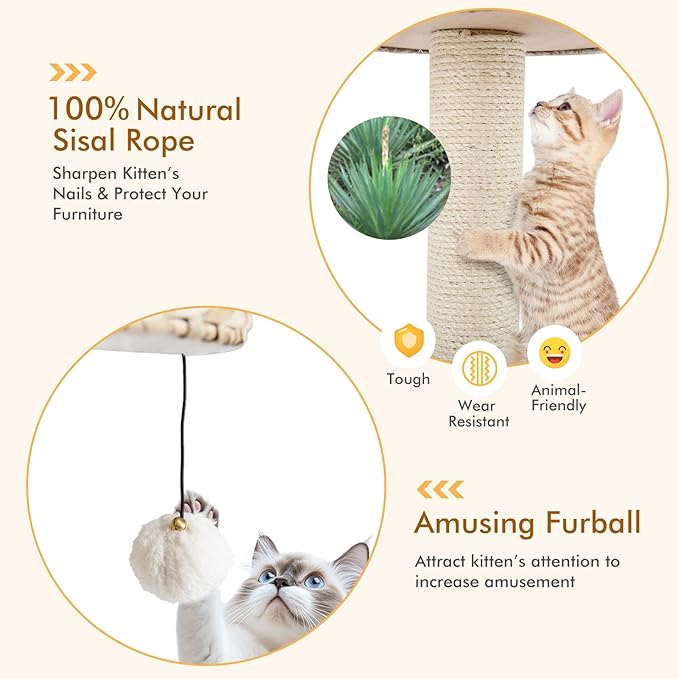 PETSITE 28-inch Modern Cat Tree, Small Cute Cat Tower Sisal Scratching Post, Hand-Made Wicker Condo and Top Perch, Interative Dangling Ball, Ideal for Indoor Cats