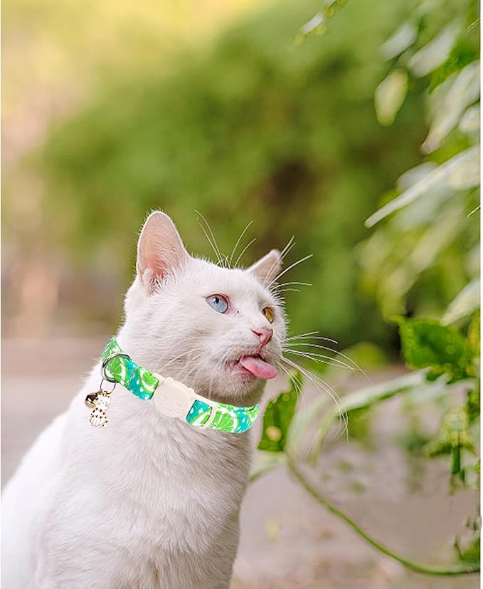 Cat Collar-2 Pack Cute Cat Collars Peach & Lemon Print Breakaway with Kitten and Bell Pendant Safety Buckle Pet Collar Soft Cotton Collar for Cats and Small Pets Gift